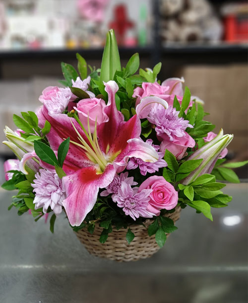 Elegant Floral Basket: Lilies, Roses & Chrysanthemums