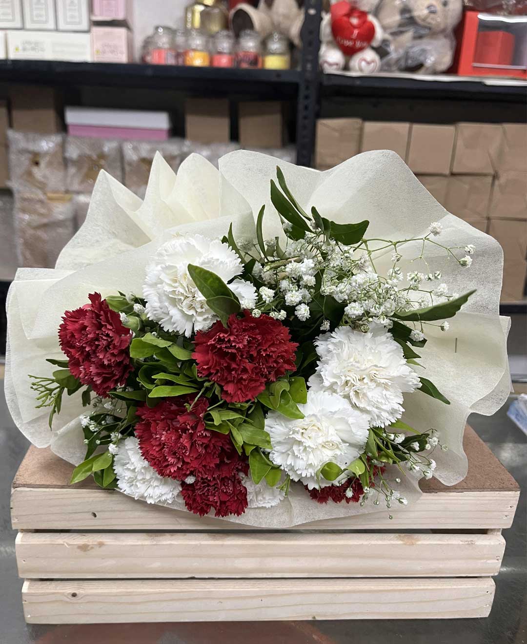 Classic Red and White Carnation Bouquet