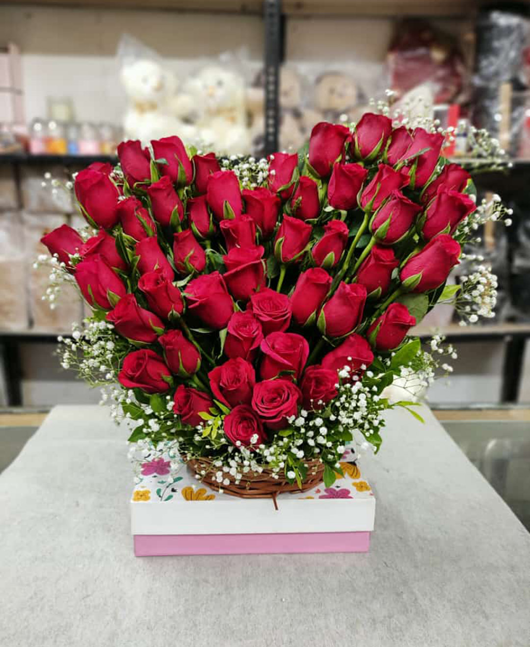 50 Heart Shape Red Roses Basket