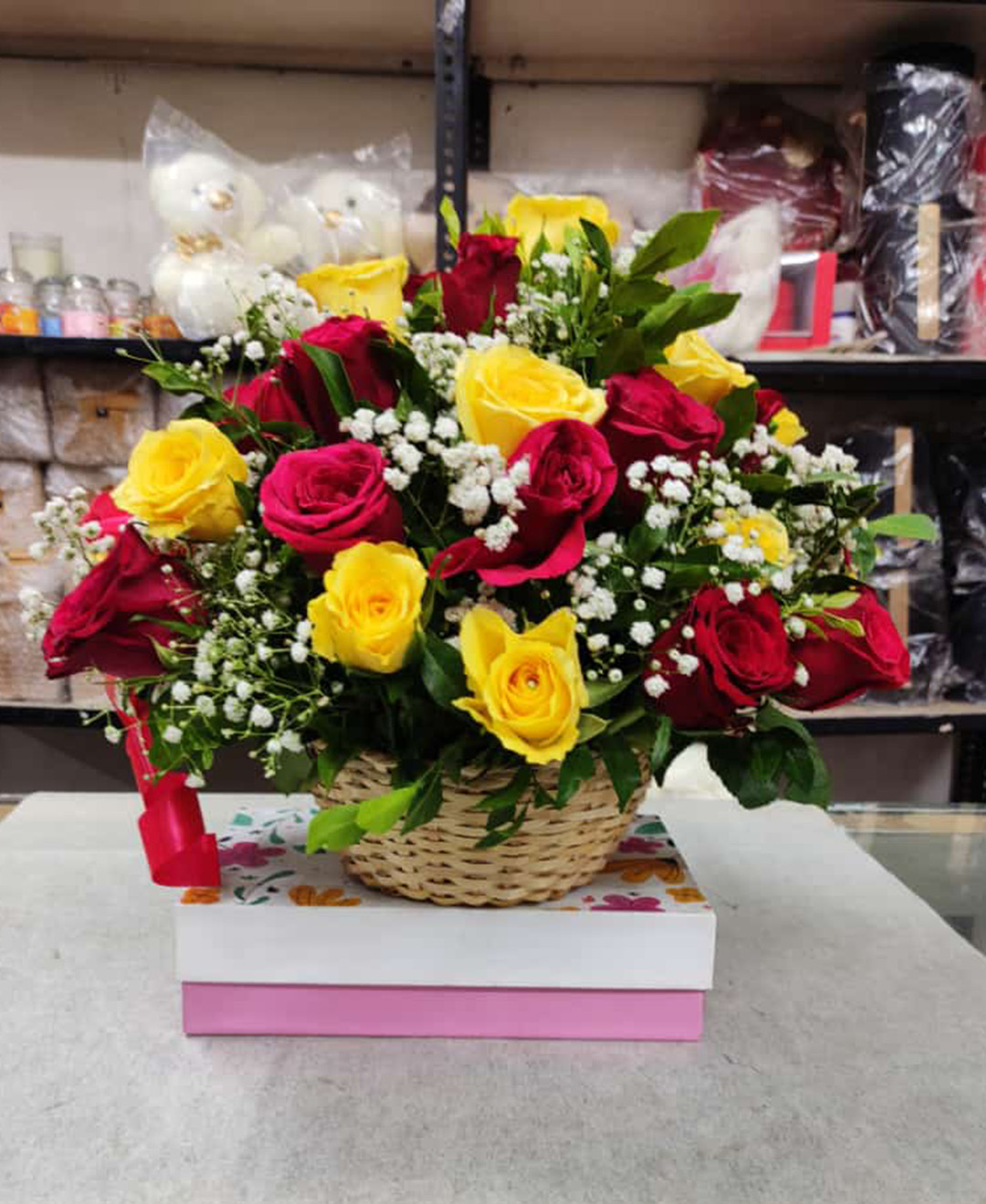 40 Red And Yellow Roses Basket