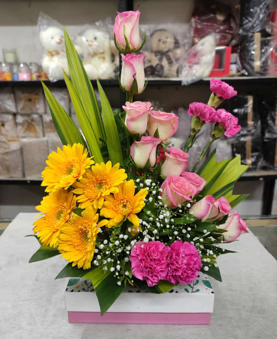 10 Pink Rose 5 Yellow Gerbera 5 Pink Carnation Basket
