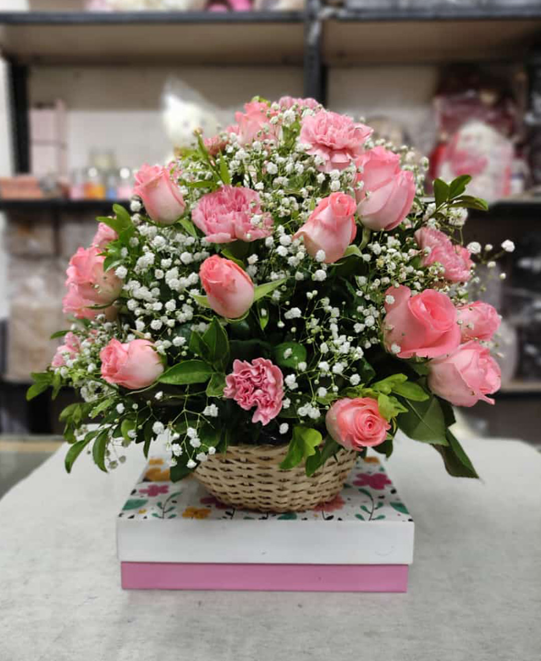 25 Pink Roses And 15 Pink Carnation Basket