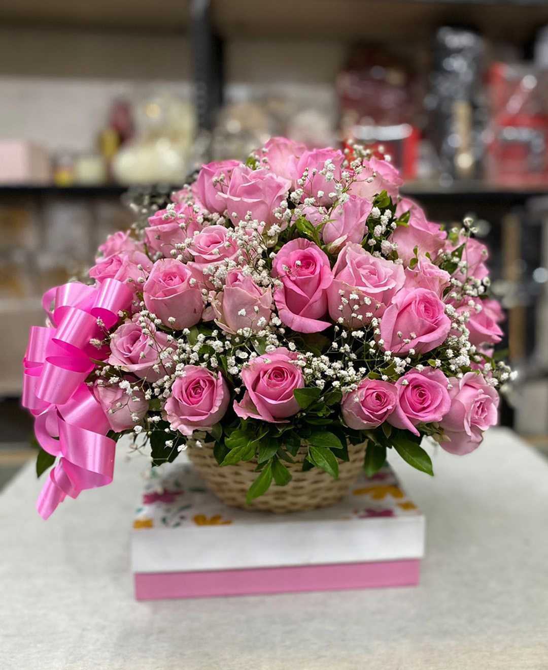 50 Pink Rose Basket