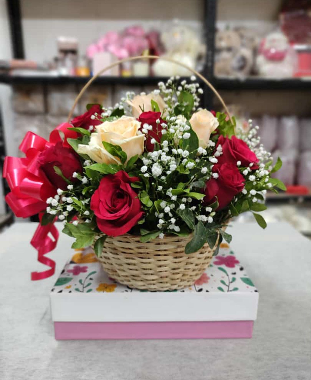 10 Red And 6 Peach Roses Basket