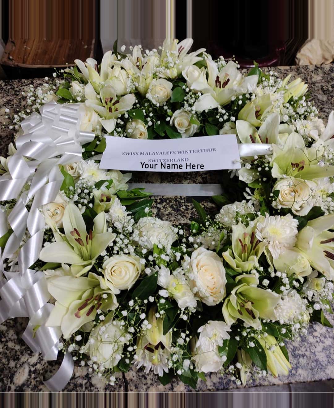 *Trivandrum Tribute: White Flower Wreath with Elegant Ribbons