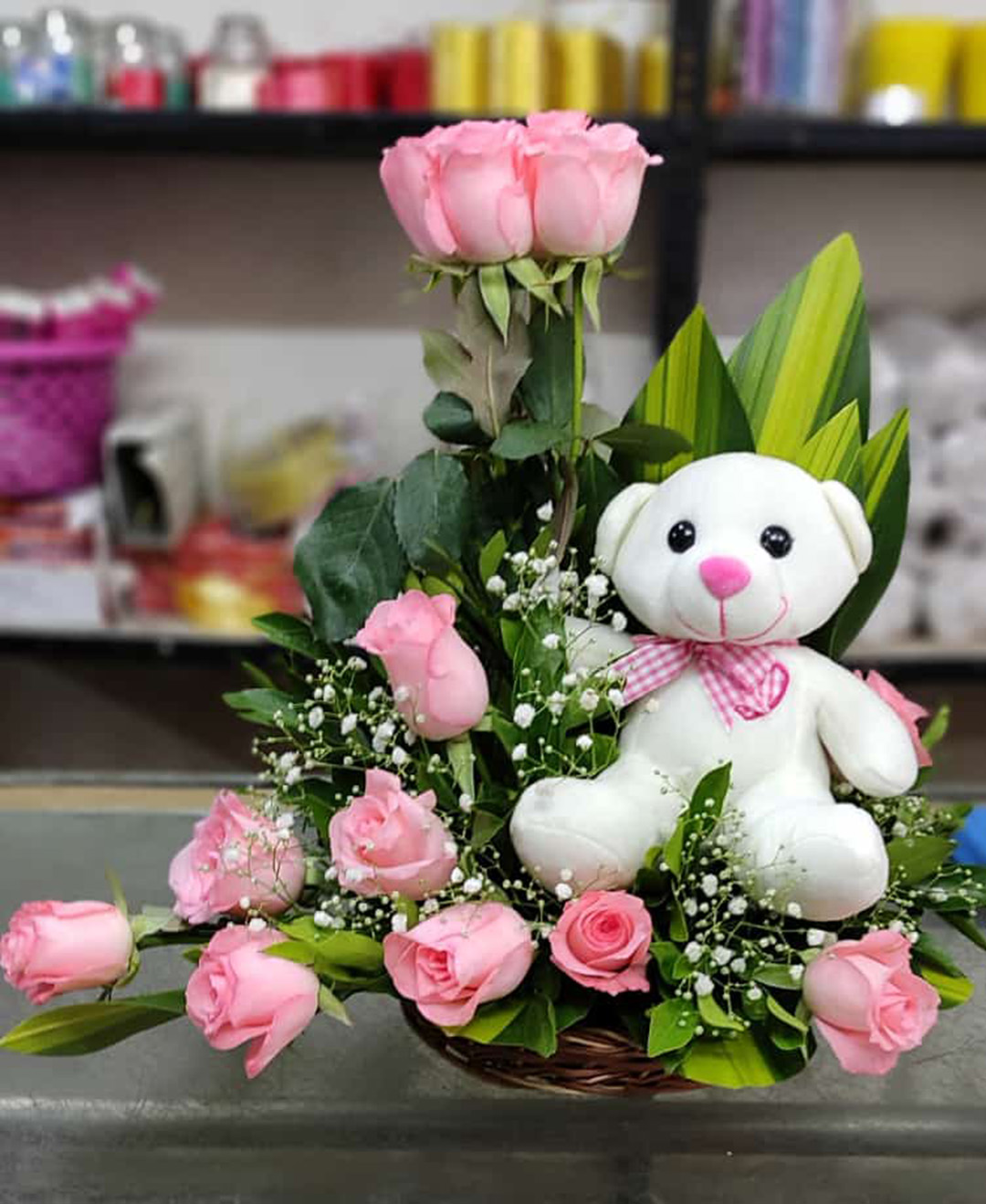 15 Pink Roses With 6inch Teddy Basket